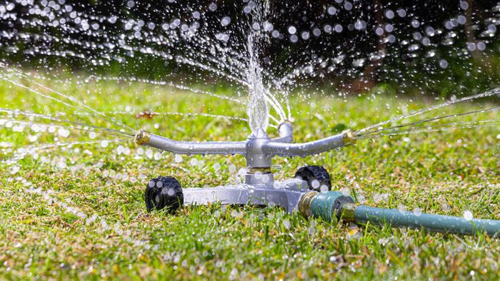 Watering sprinkler turned on and watering lawn.