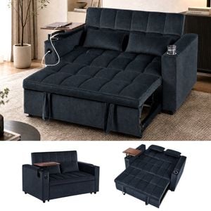 Advwin 3 in 1 Convertible Sofa Bed w/ Swivel Side Table Charging Station Adjustable Backrest & Storage Armrest Black