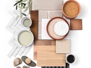 Various tiles, panels, stones and textures used to create an earthy feel outdoors