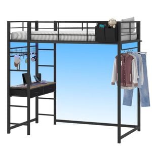 Advwin Metal Loft Bed Frame with Desk & LED Lights & Charging Station Black