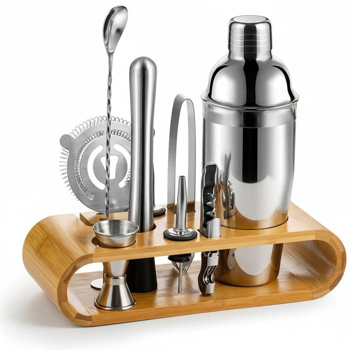 10-Piece Stainless Steel Bartender Kit with Stylish Bamboo Stand (Silver)