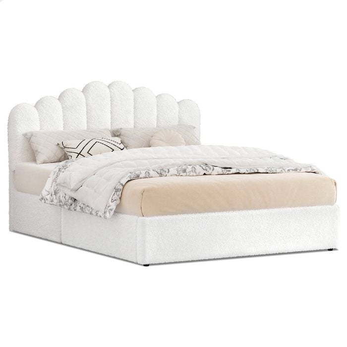 Alfordson Bed Frame Double Size Gas Lift Storage Base Wooden Boucle White Mutis