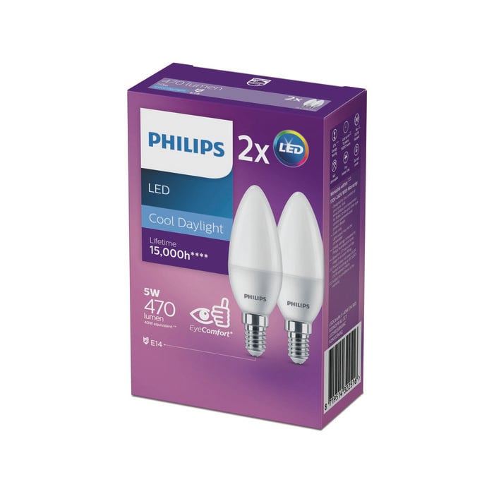 Philips P45 E14 LED 470lm Cool Daylight 5W Candle - 2 Pack