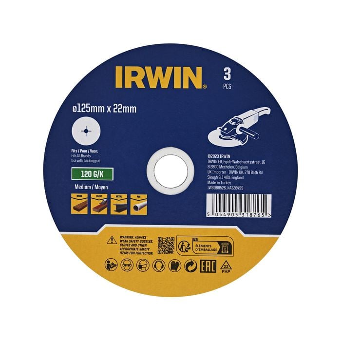 IRWIN 125mm 120 Grit Fibre Sanding Disc - 3 Pack