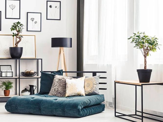  Foldable green mattress in a stylish living room with plants and decor.