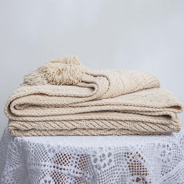 CottonMore New Acrylic Chenille Tassel Knitted Blanket Bed Sofa Throw Rug 130x160cm - Beige