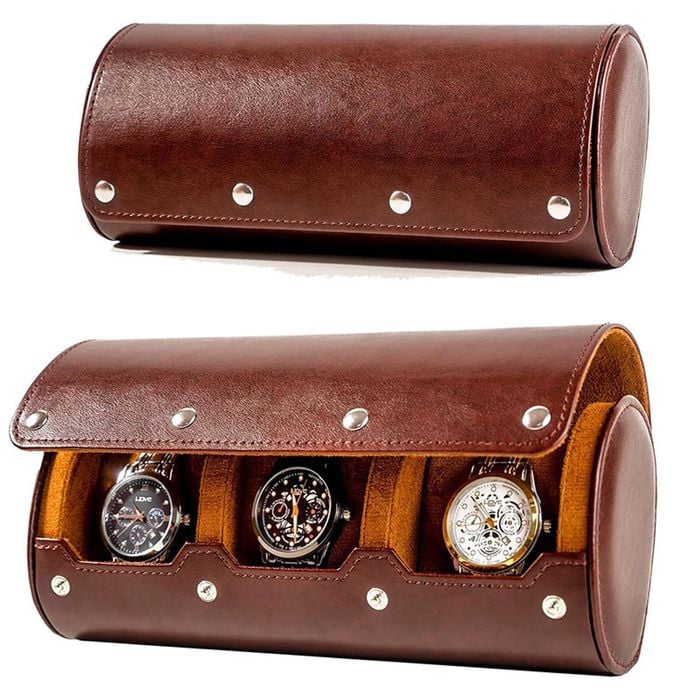 Catzon Watch Travel Case Leather Portable Roll Organizer-brown3slot