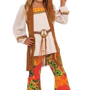 Kids Hippie Halloween Costume – 60s 70s Flower Power Outfit with Flared Pants and Headband Multi Colour, Small
