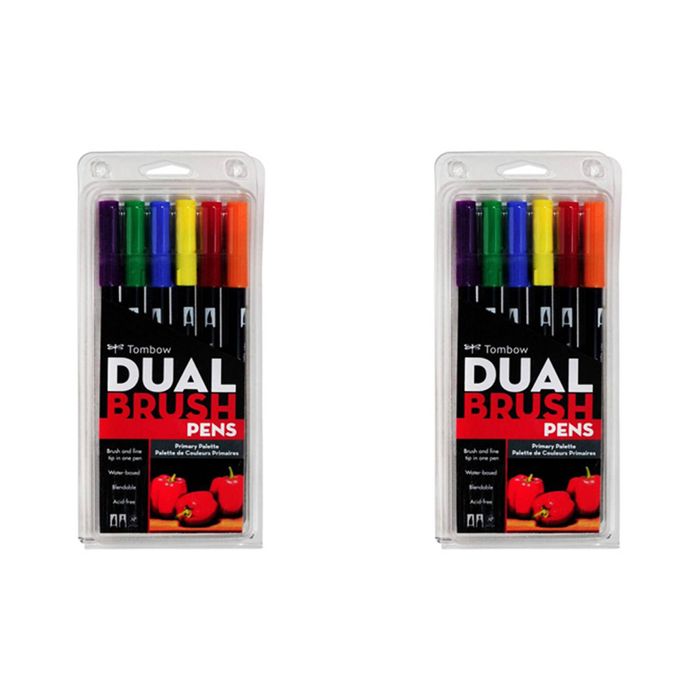 2x 6pc Tombow Dual Brush/fine Pen Marker Water-based Sketching/drawing Primary