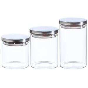 Argon Tableware Glass Storage Jar Set - Silver Lids - Modern Round Scandi Organisation Container Glass Jar - 3 Sizes