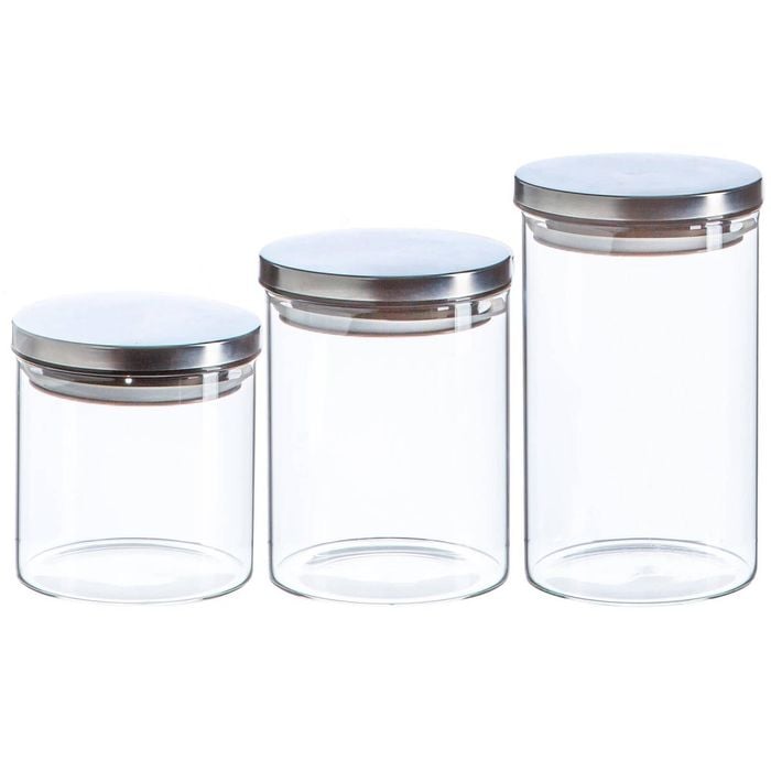 Argon Tableware Glass Storage Jar Set - Silver Lids - Modern Round Scandi Organisation Container Glass Jar - 3 Sizes