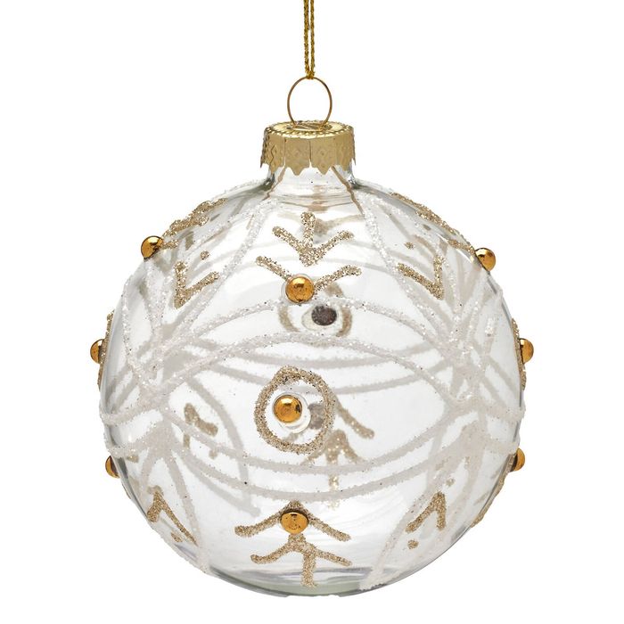 Christabelle Box of 6 Clear Glass Baubles with Glitter Swirls and Gold Pearls