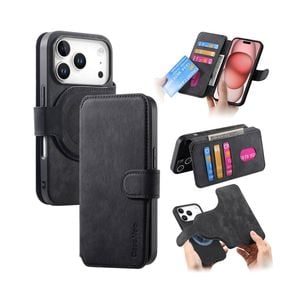 For iPhone 17 Pro Max (6.9") Detachable Wallet Case Flip Leather Magsafe Magnetic Cover (Black)