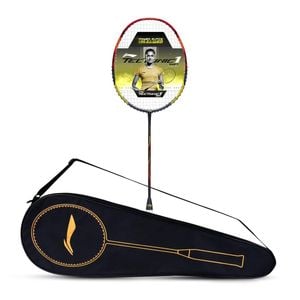 Li-Ning Tectonic 1S Carbon Fibre Strung Badmiton Racket with Full Cover | Size: 4U (83gm) | Grey-Red-Lime