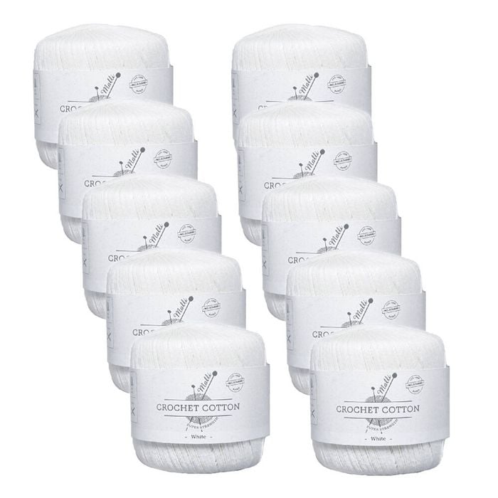10pk Malli Super Strength 100% Cotton Crochet Knitting Yarn 3ply 50g White