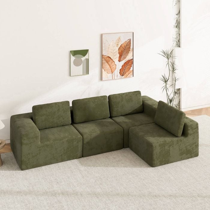Advwin 340cm 4 Seater Sofa Convertible L Shaped Sofa Chenille Compressed Sofa Modular Couch No Assembly Green