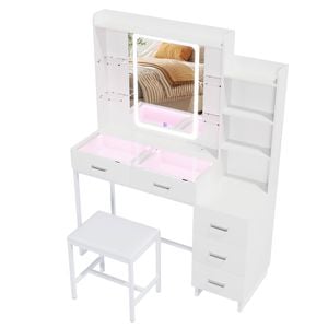 Ufurniture LED Vanity Desk with 5 Drawers & 3 Open Shelves Glass Desktop Power Outlet