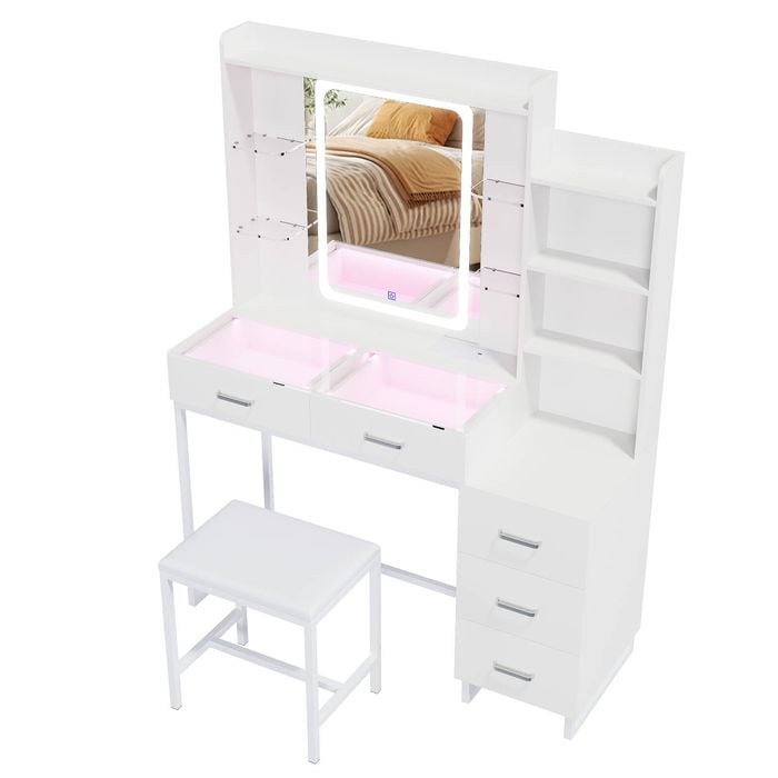 Ufurniture LED Vanity Desk with 5 Drawers & 3 Open Shelves Glass Desktop Power Outlet