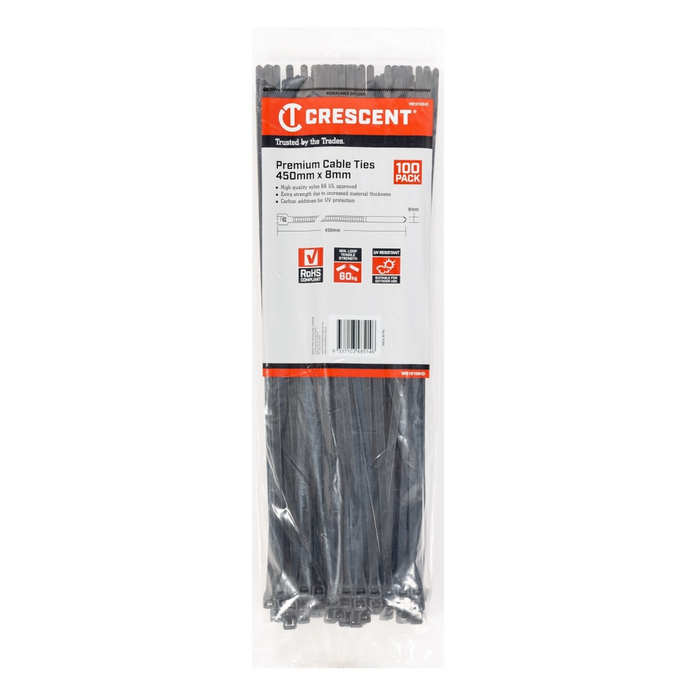 Crescent 450 x 7.6mm Black Cable Ties - 100 Pack