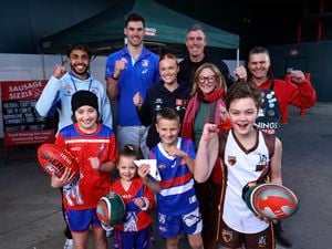 National AFL Community Club BBQ 2026 - Image Gallery - Media Centre - Arthur Jones, Sam Darcy, Matt 'Richo' Richardson, Bec Haagsma - Exec GM of Customer, Commercial and Tech, Michael Howard Bunnings CFO, Michael Howard CFO, Kids