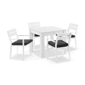 Hugo Outdoor 4 Seater Ceramic/aluminium Dining Table White With Santorini Chairs & Denim Grey Cushions
