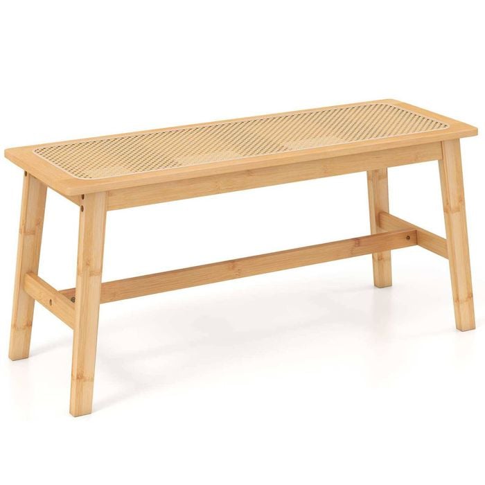 Costway Bamboo Dining Bench Chair Pvc Rattan Farmhouse Bedside Seat
