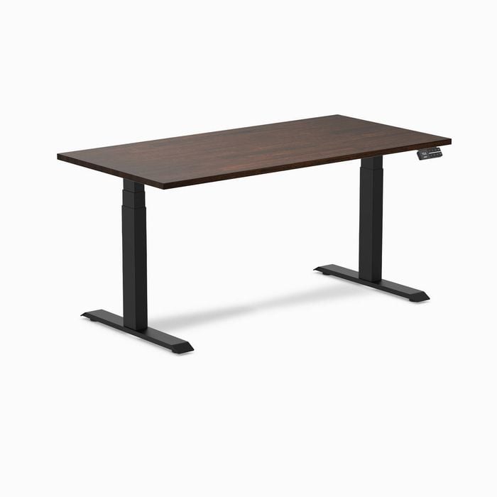 Desky Dual Dark Walnut Rubberwood Sit Stand Desk 150x75cm Matte Black Frame Leg