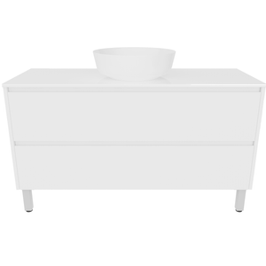 Forme 1200mm White Razor Freestanding Vanity With Myanmar White Stone Top And Atom Above Counter Basin