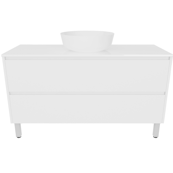 Forme 1200mm White Razor Freestanding Vanity With Myanmar White Stone Top And Atom Above Counter Basin