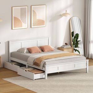 Oikiture King Wooden Bed Frame Platform with Headboard 2 Storage Drawers White
