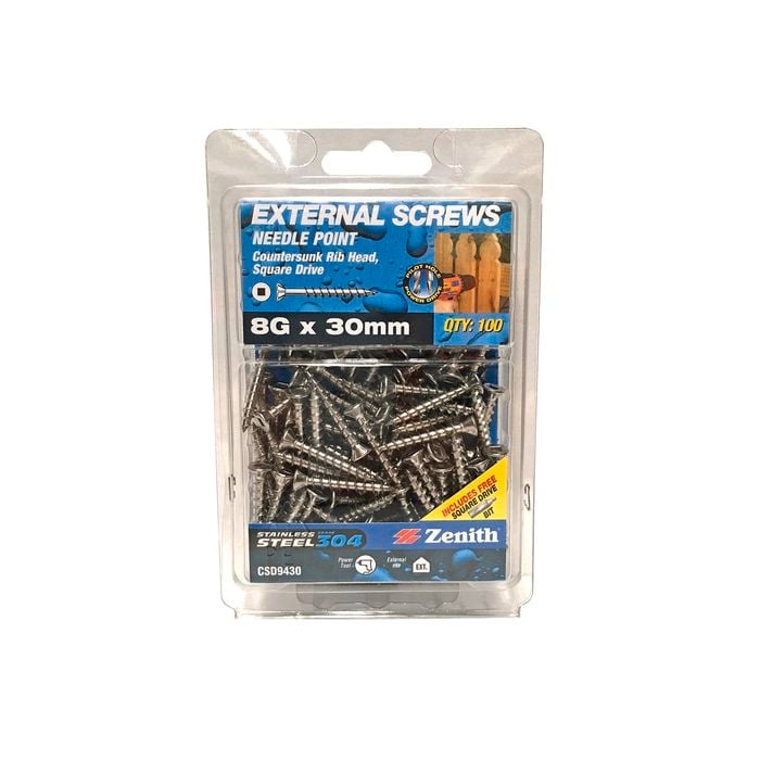 Zenith 8G x 30mm Stainless Steel 304 Square Drive External Screw - 100 Pack
