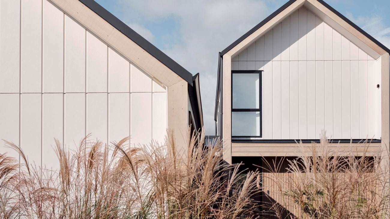 cream outdoor cladding on two houses