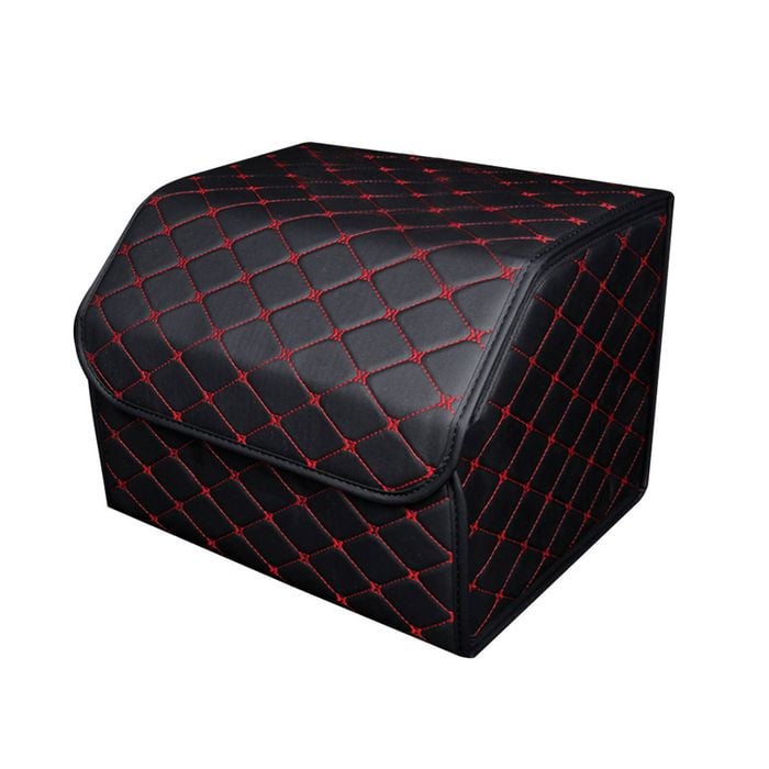 SOGA Leather Car Boot Collapsible Foldable Trunk Cargo Organizer Portable Storage Box Black/Red Stitch Medium