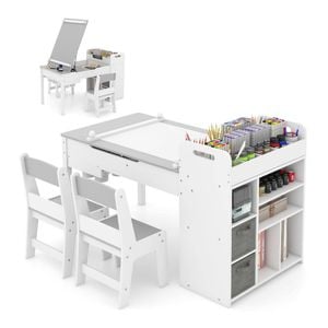 Costway Kids Art Table & 2 Chairs W/paper Roll Craft Activity Drawing Desk Grey