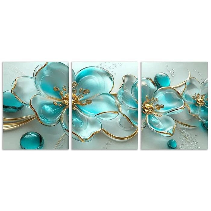 3pcs Turquoise Glass Flowers Print 100% Australian Made 3 x 40x60cm (Metal Print)