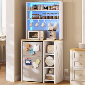 Advwin Bakers Rack with Mini Fridge Stand and Power Outlets  White+Oak