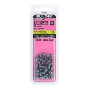 Buildex 6G x 9mm Zinc Plated Self Tapping Sheet Metal Screws - 40 Pack