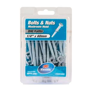 Zenith 1/4" x 60mm Zinc Plated Mushroom Head Bolts And Nuts - 25 Pack