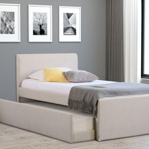 Istyle Selina King Single Trundle Storage Bed Frame Fabric White Oak Beige