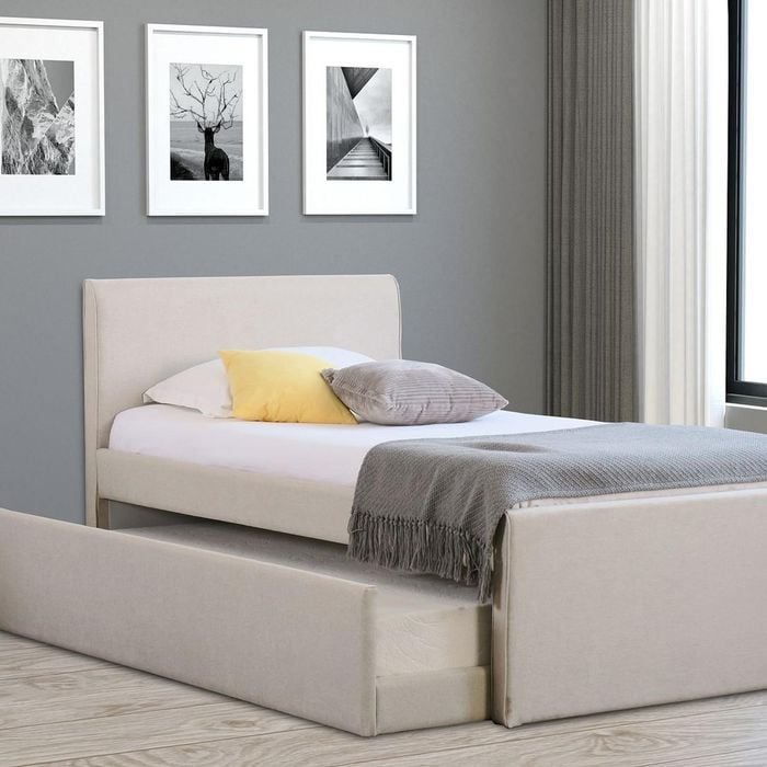 Istyle Selina King Single Trundle Storage Bed Frame Fabric White Oak Beige