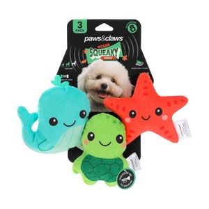 3pc Paws And Claws Squeaky Squad Mini Plush Pet Dog Toys Assorted 7.5x9cm