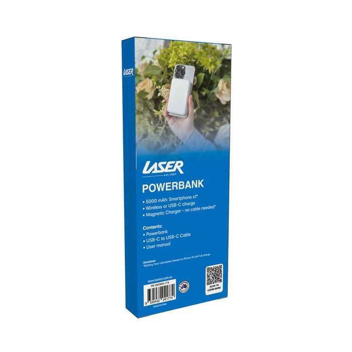 Laser Magnetic Wireless Power Bank 5000mAh (White) Bunnings