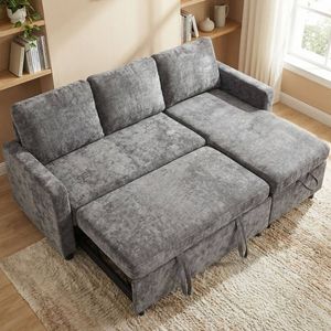 Advwin 3 Seater Sofa Bed 196cm Pull Out Chenille Storage Chaise Lounge Couch Grey