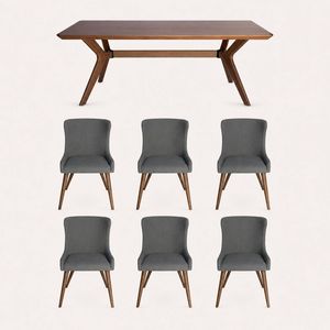 SK Designer Living | 7-Piece Dining Set | Doreen Wood Dining Table 180cm & Osaka Upholstered Dining Chair | Walnut - Grey Fabric