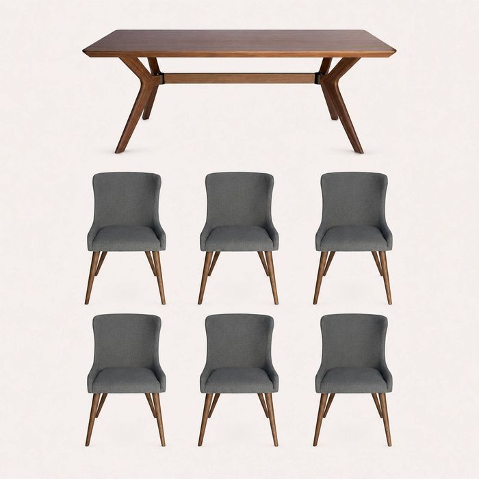 SK Designer Living | 7-Piece Dining Set | Doreen Wood Dining Table 180cm & Osaka Upholstered Dining Chair | Walnut - Grey Fabric