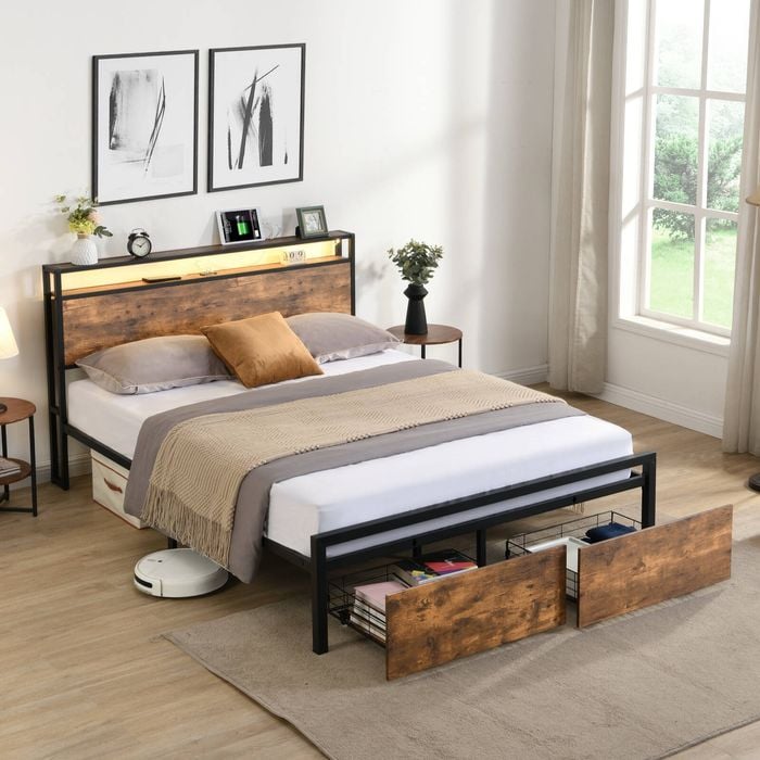 HOMFURN Industrial Double Bed Frame with Storage Headboard and 2 Drawers, LED Lights Bed with Charging Station, Rustic Brown