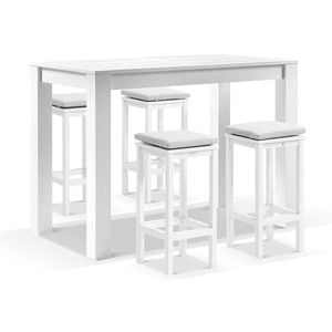 Santorini Outdoor 1.5m Bar Table White With 4 Avoca Stools & Textured Olefin Grey Cushions