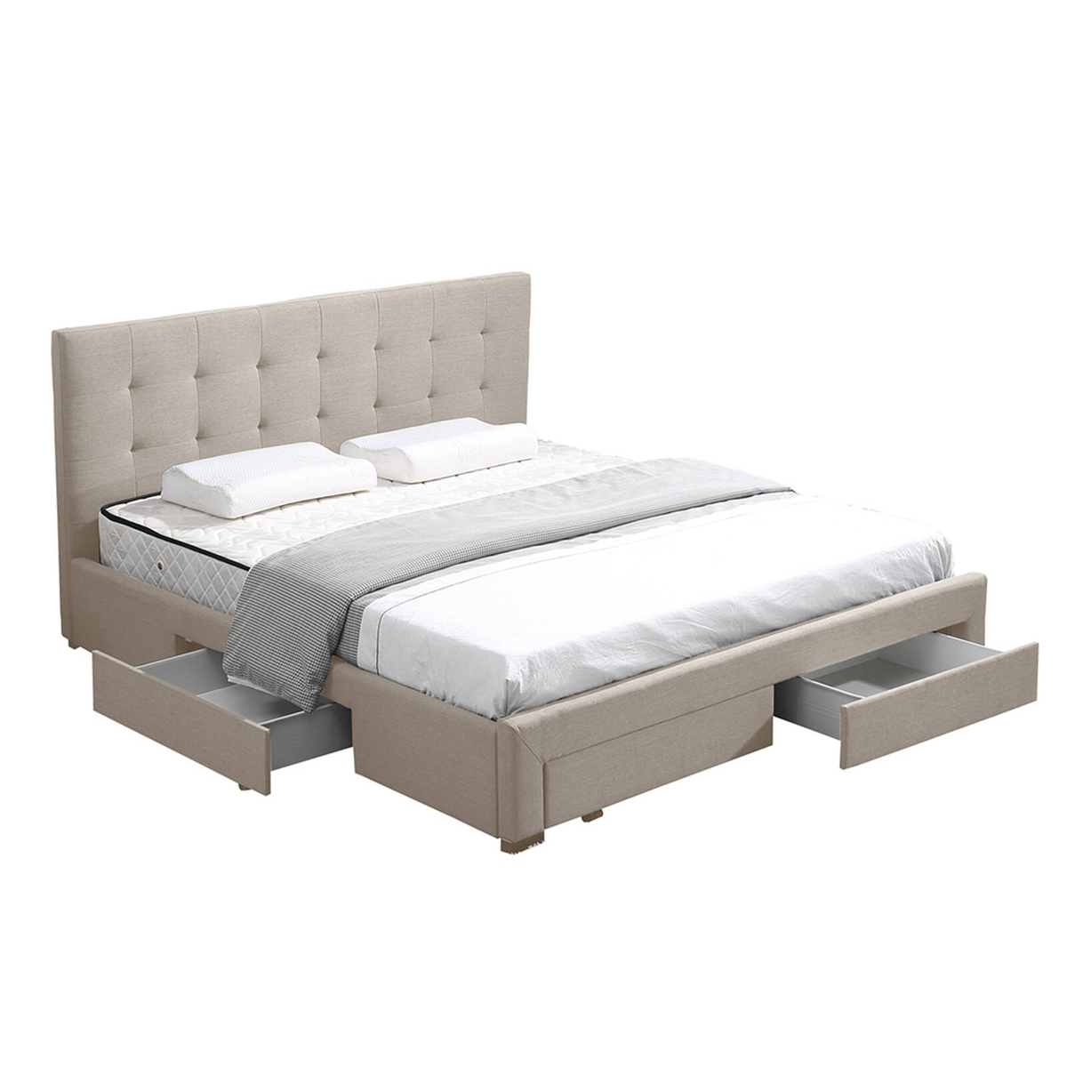 Levede Queen Size Beige Fabric Bed Frame Base With Storage Drawers