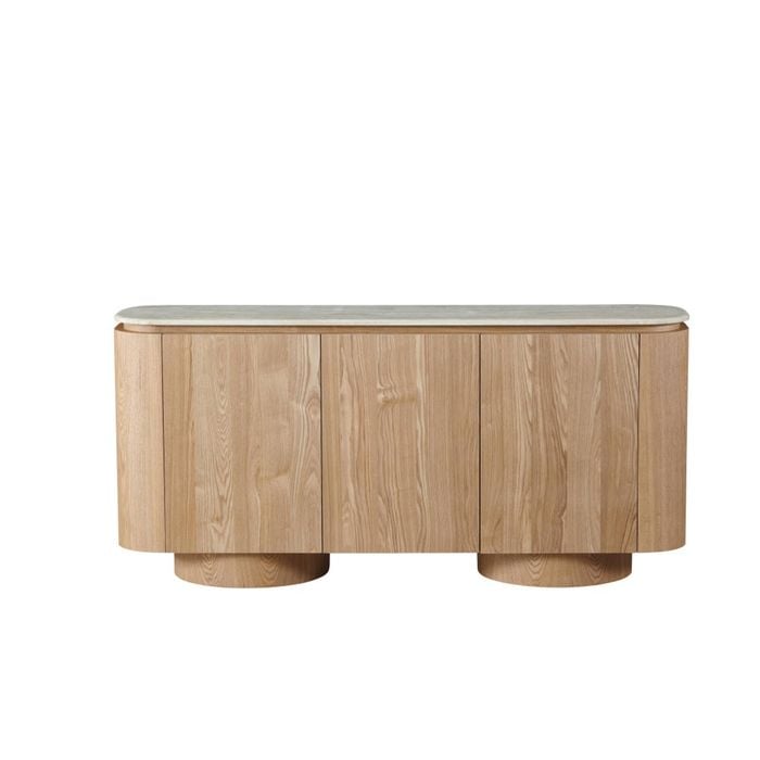Raimon Furniture Sibley Artificial Marble Sideboard Buffet Unit Storage Cabineet 3-Doors White Travertine