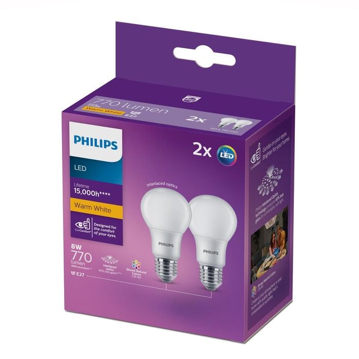 Philips A60 E27 LED 770lm Warm White 8W Globe - 2 Pack